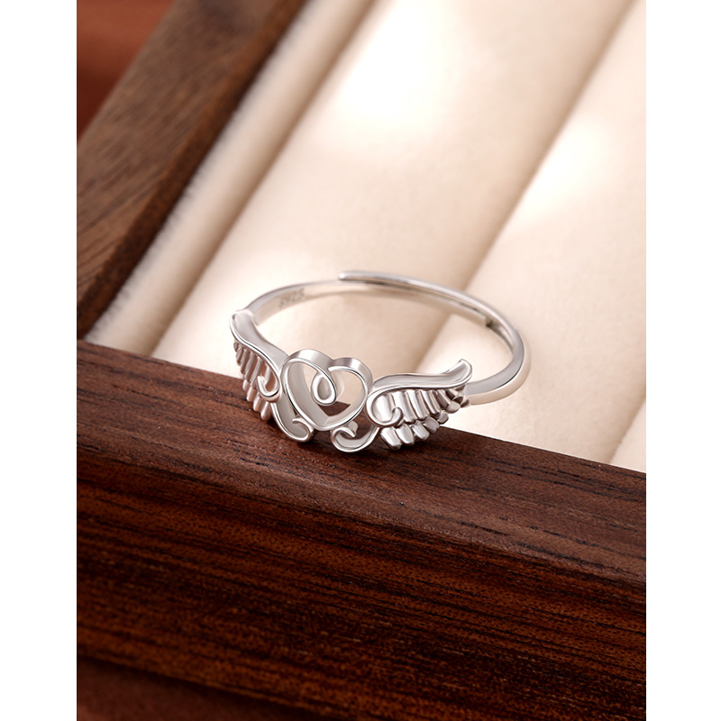 TEMU transfronterizo nuevo anillo de ala de ángel de plata esterlina 925 con forma de corazón abierto para mujeres anillo ajustable joyas retro