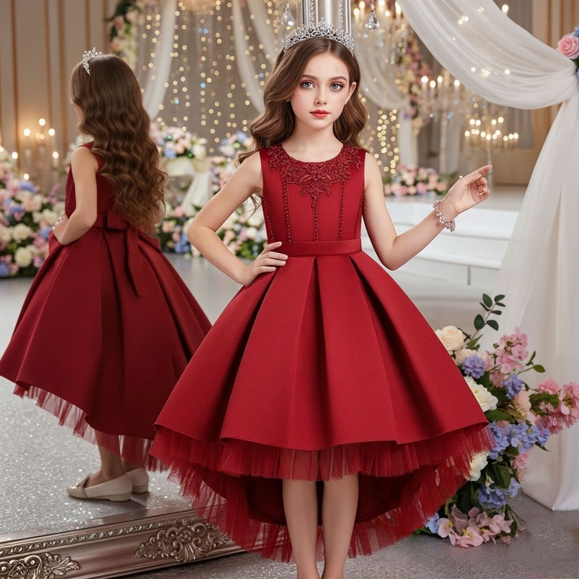 Mädchenkleid mit Schleppen- und Laufsteg-Motiv, Perlenbesetztes Netz-Prinzessinnenkleid, Kleidung für Kinder von 0 bis 3 Jahren_voghion.com