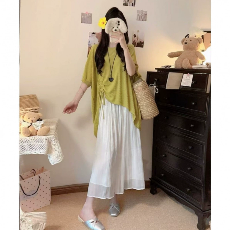 Summer knitted sweater with a round collar, plus size, drawstring, loose fit