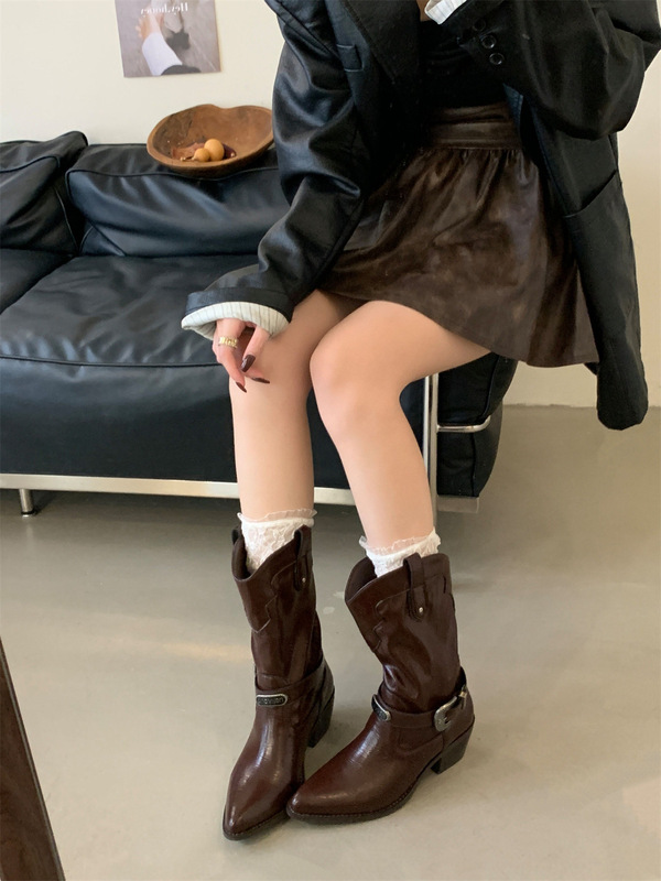 复古皮带扣中筒骑士靴女2025秋冬新款方头粗跟显瘦西部牛仔靴|undefined