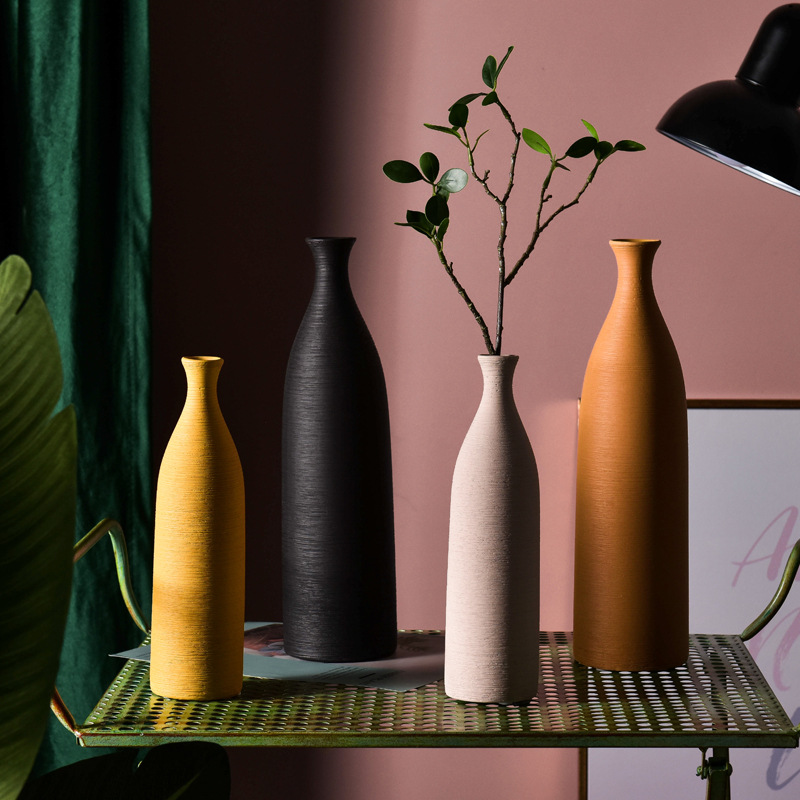 Cepillado nórdico de cerámica florero decoración sala de estar arreglo de flores solo amarillo flor seca decoración pequeño calibre botella flor dispositivo
