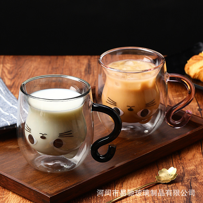 Tazas de gato al por mayor tazas de doble vidrio tazas de gato estudiantes tazas de agua de pareja tazas de café de vidrio de silicio alto tazas de desayuno