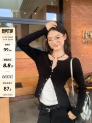 宋正恩黑色圆领针织开衫外套女秋季2025新款修身显瘦纯色百搭上衣