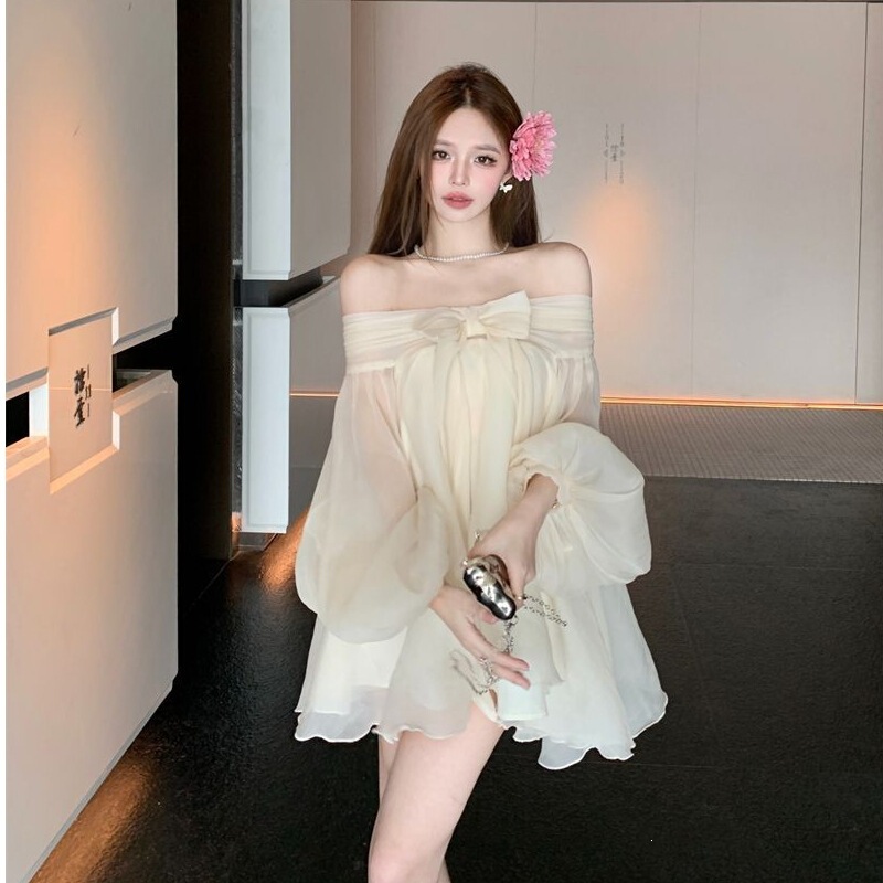 French-Style Bowknot Off-Shoulder Chiffon Dress for Women, Summer Elegant Off-Shoulder Loose Puff Sleeve Mesh Short Dress