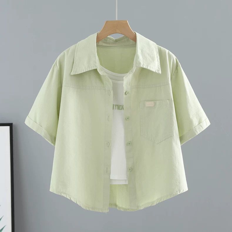 Short Outerwear for Petite Women, 2026 Spring/Summer New Candy-Colored Short-Sleeve Shirt, Washed Cotton Short Jacket for Women