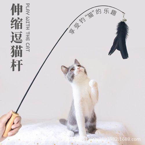 Wholesale wooden handle two-section telescopic pole cat teaser stick replacement head training cat scratch-resistant feather cat teaser pole cat toy supplies