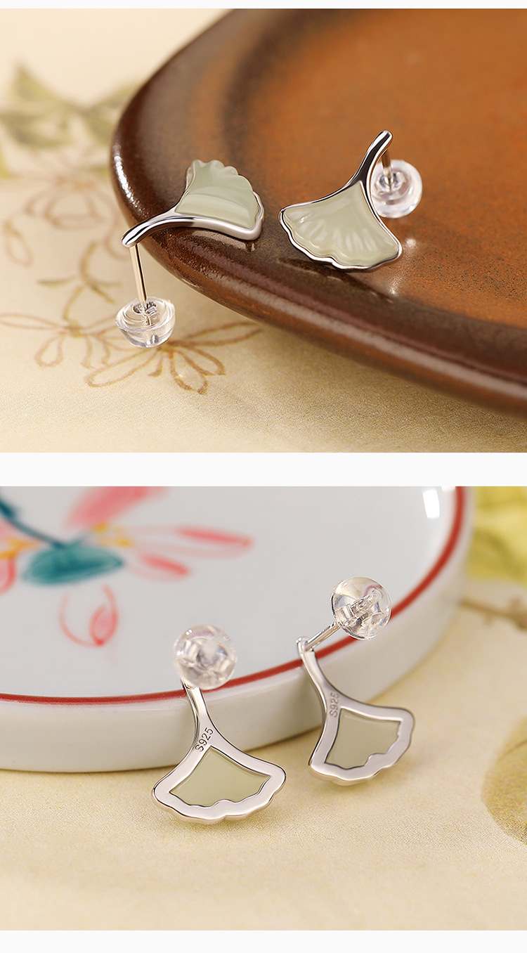 Bông tai lá bạch quả ngọc bích Hetian mạ vàng bạc S925 phong cách OL nhỏ tinh tế — Kiểu mạ bạch kim chi tiết 5