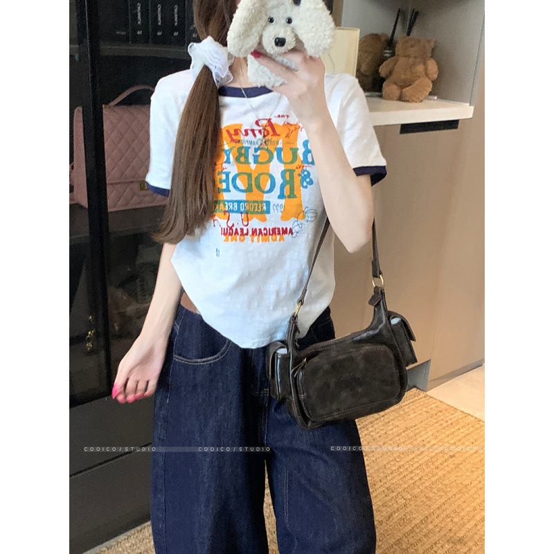 韓国風カジュアルで快適なコントラストプリント右肩ラウンドネック半袖Tシャツレディース夏万能カジュアルプルオーバートップ|undefined