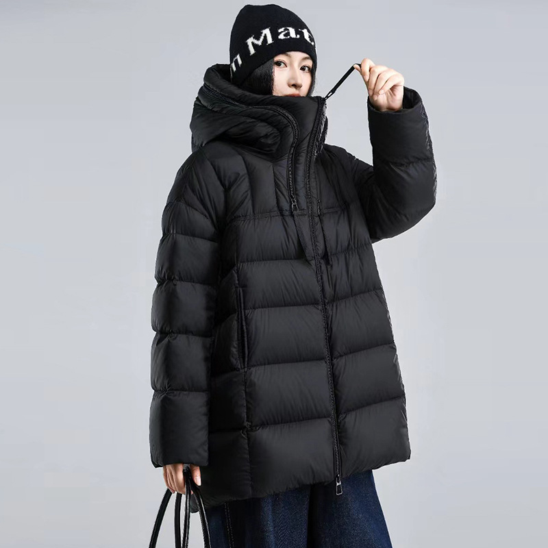High-End Mid-Length Hooded down Jacket for Women 2025 Winter New Fashion Double Zipper Thickeneded White Duck down Jacket