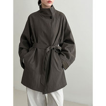 鹿西 英伦风立领廓形工装外套女秋季新款系带中长款休闲风衣3731
