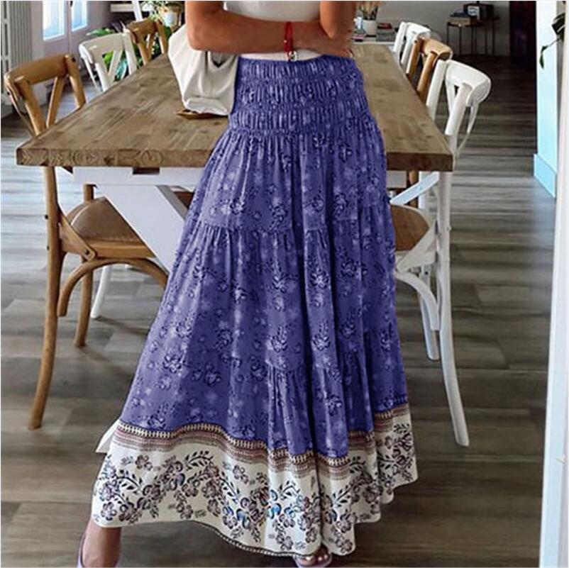 New European And American Printed Flared Bohemian Casual High-waisted Long Skirt, Beach Skirt For Women_ecoleips.com