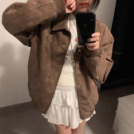 夹克新款春秋棕色韩版美式复古翻领情侣休闲外套女学生