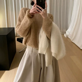秋冬慵懒风暖冬纯色舒适柔软套头保暖针织衫上衣女休闲毛衣