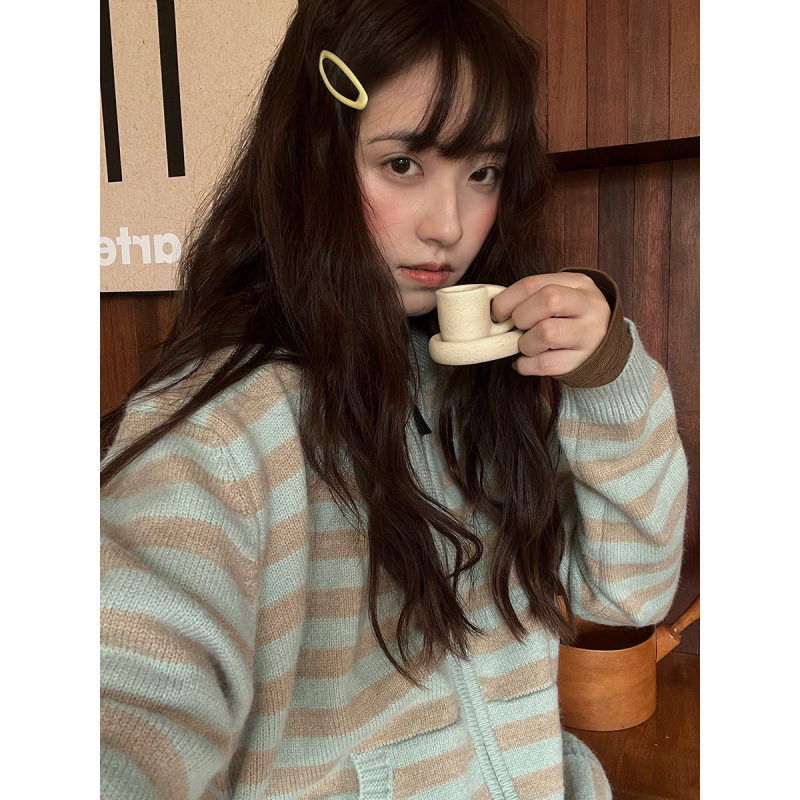 POXFFEE/条纹连帽针织衫毛衣开衫女秋冬新款复古宽松外搭针织外套|undefined