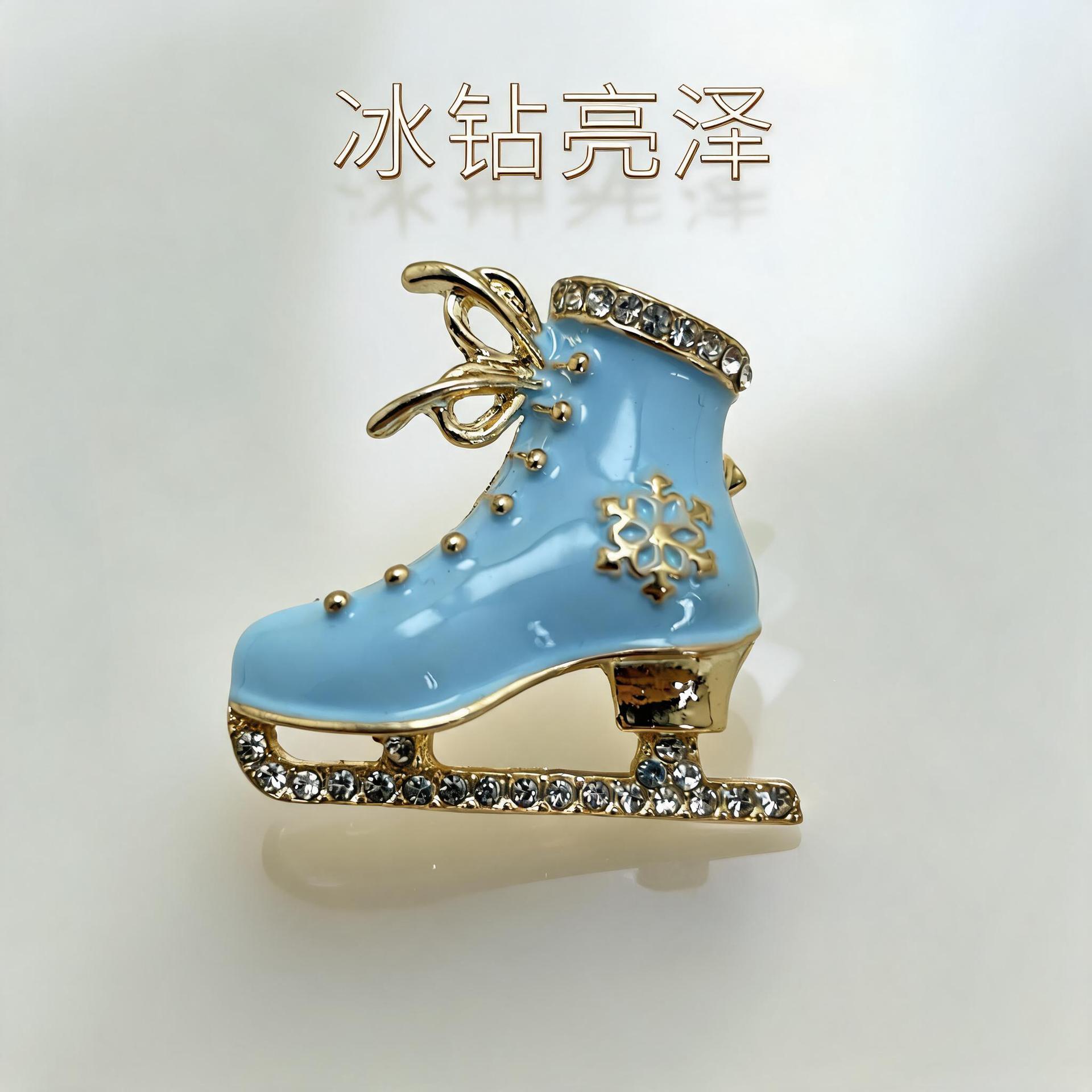 Winter ice skate brooch, enamel and rhinestone snowflake pin, Christmas coat and sweater accessory, a unique gift