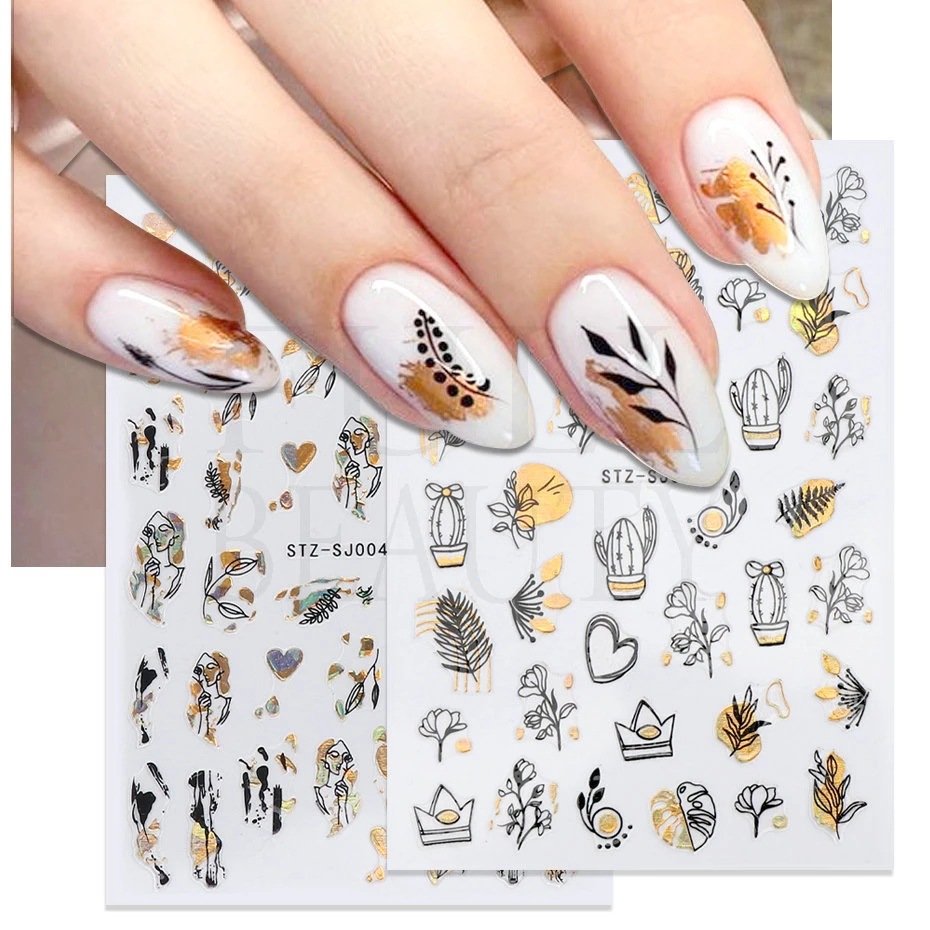 Cross-border New Nail Art Sticker Bronzing Leopard Black Gold Rose Gold Plant Abstract Line Adhesive Nail Decal