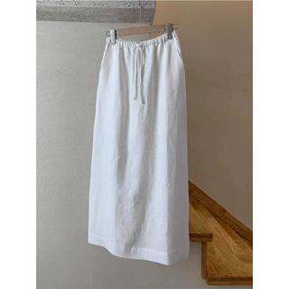 天丝亚麻白色半身裙女高腰显瘦后开叉直筒裙爆款过膝抽绳棉麻长裙