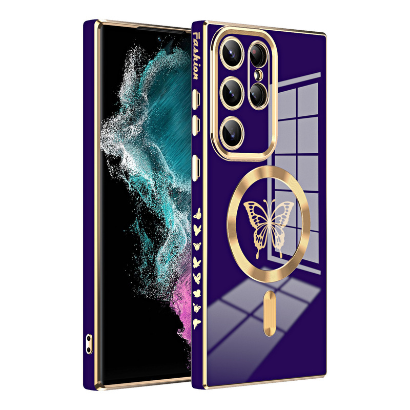 Solid color plating for S23 mobile phone case butterfly magsafe magnetic car Samsung S21 all-inclusive protective cover S22