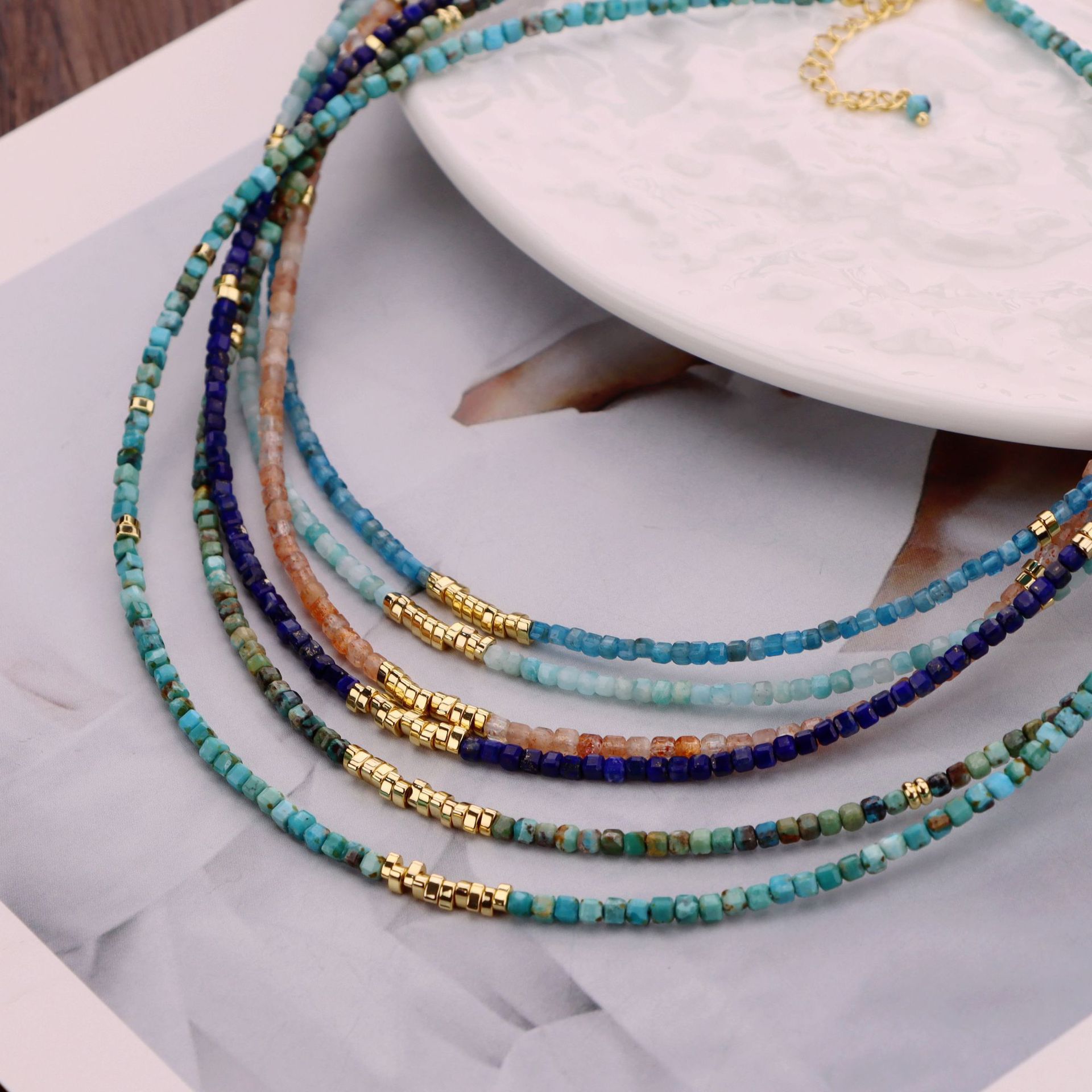 eaby立体方天然真石蓝磷灰湖北松青金石小码珠锁骨链饰品女高级感