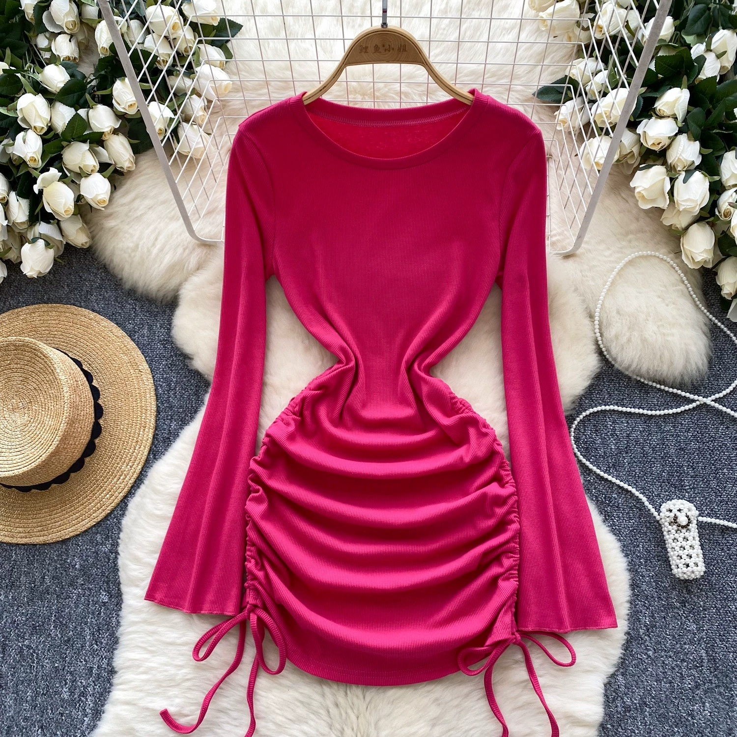 Европейские и американские горячие девушки стиль сплошного цвета трикотажное платье женские осенние шпагаты узкий дизайн