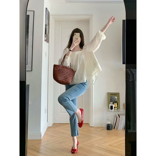 Women's Spring and Summer Korean Style Loose and Fashionable Short-Sleeve Square Collar Shirt with a Cute Japanese Vibe