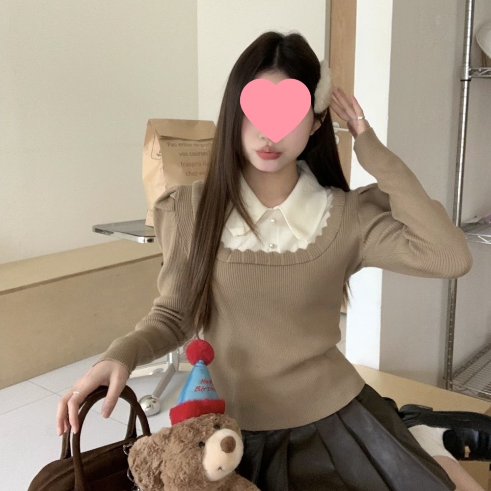 娃娃领撞色针织衫春装女假两拼接泡泡袖打底衫减龄甜辣别致上衣