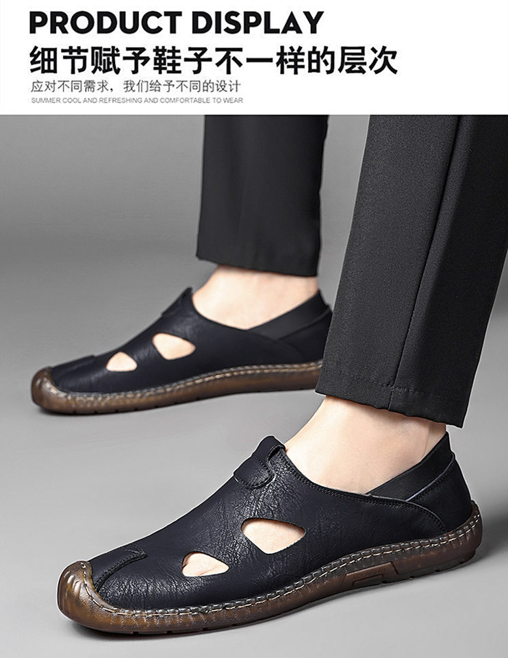 Giày sandal da nam thủ công đan dây, thoáng khí khoét lỗ, kiểu bao đầu — Màu kaki, màu đen chi tiết 8