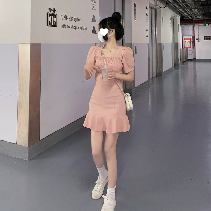 Real Shot ~ женское нежное розовое платье больших размеров с высокой талией, тонкая юбка трапециевидной формы с квадратным вырезом и пышными рукавами