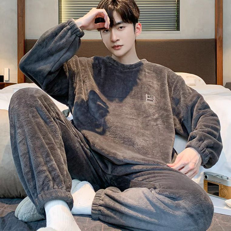 Men's Pajamas Winter Coral Velvet Thickeneded Velvet Warm Pajamas Men's Winter Flannel Youth Suit Home Clothes