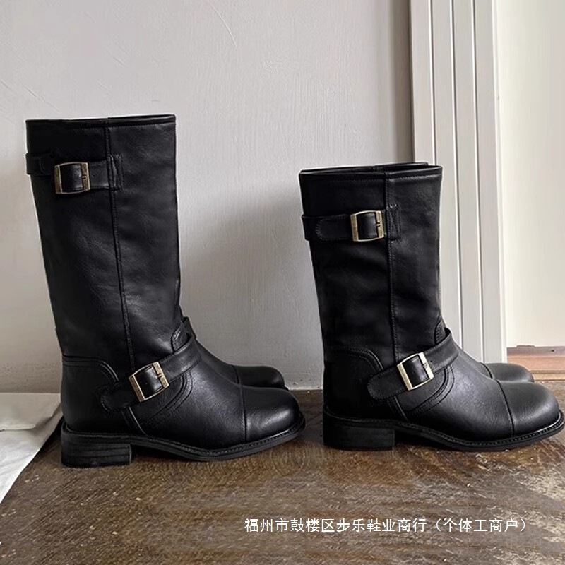 Howus Niche Belt Buckle Fever Style Thick-Soled Genuine Leather Wide Mid-Calf Long Biker Boots for Women Howus Niche Belt Buckle Fever Style Thick-Soled Genuine Leather Wide Mid-Calf Long Biker Boots for Women