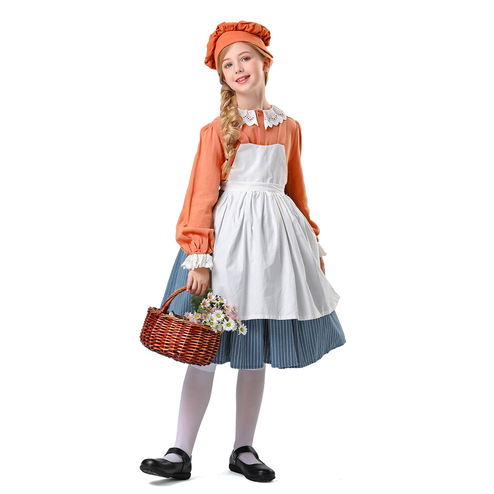 2025年新款亚马逊儿童舞台表演服庄园女仆装橙色连衣裙cosplay服