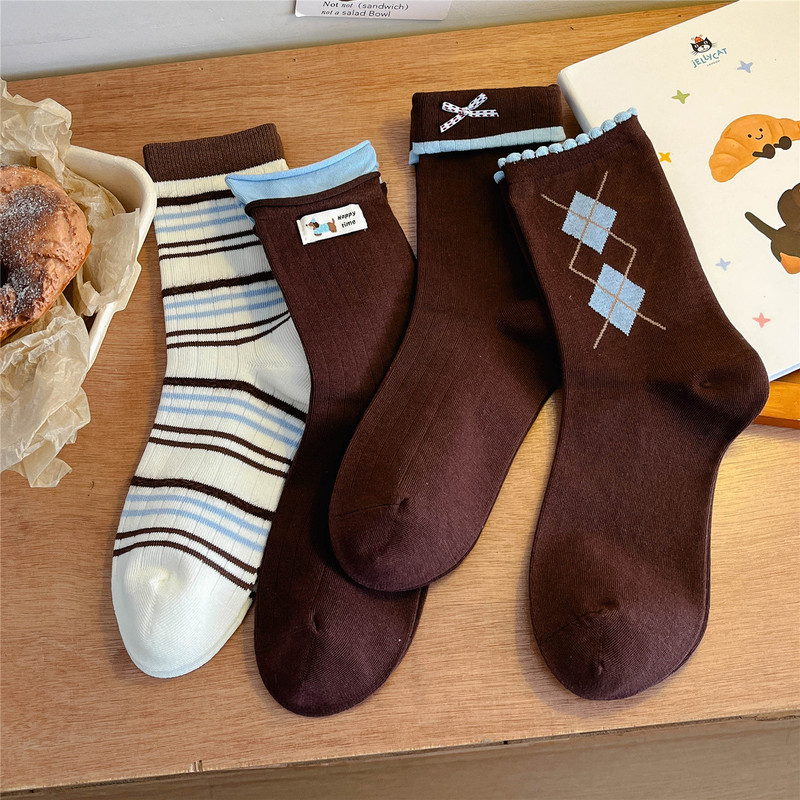Blue and Brown Elf Coluri Mid-Calf Women's Socks Autumn and Winter Socks Women's Ins Trendy Korean Style Bow Preppy Style Cotton Socks