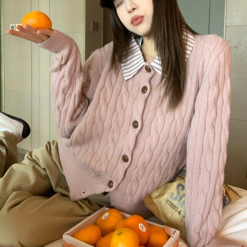 Korean Style Gentle Twist Powder Stitching Shirt Collar Knitted Cardigan for Women 2025 Autumn and Winter New Fake Two-Piece Sweater Jacket Korean Style Gentle Twist Powder Stitching Shirt Collar Knitted Cardigan for Women 2025 Autumn and Winter New Fake Two-Piece Sweater Jacket