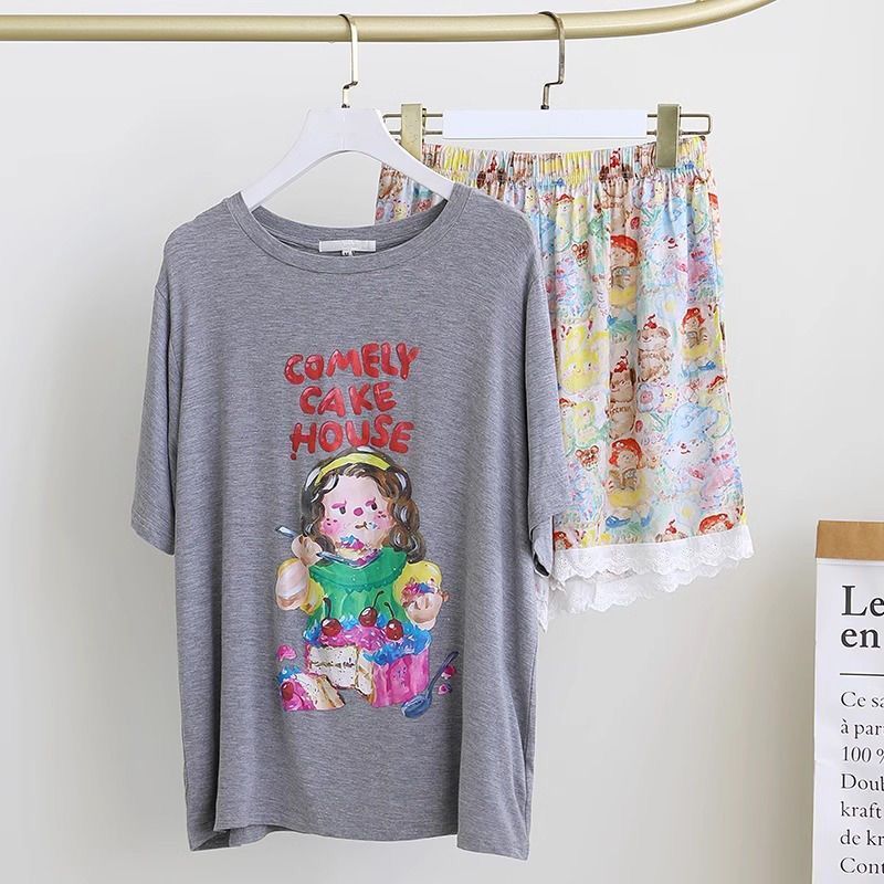 Venta al por mayor transfronteriza de nuevo estilo con almohadilla para el pecho pijamas de verano para mujer pantalones cortos de manga corta de algodón de imitación de encaje ropa de hogar para estudiantes de dibujos animados dulces