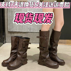 多版本~增高6cm时髦增高短靴女皮带扣方圆头褶皱中筒骑士靴女秋