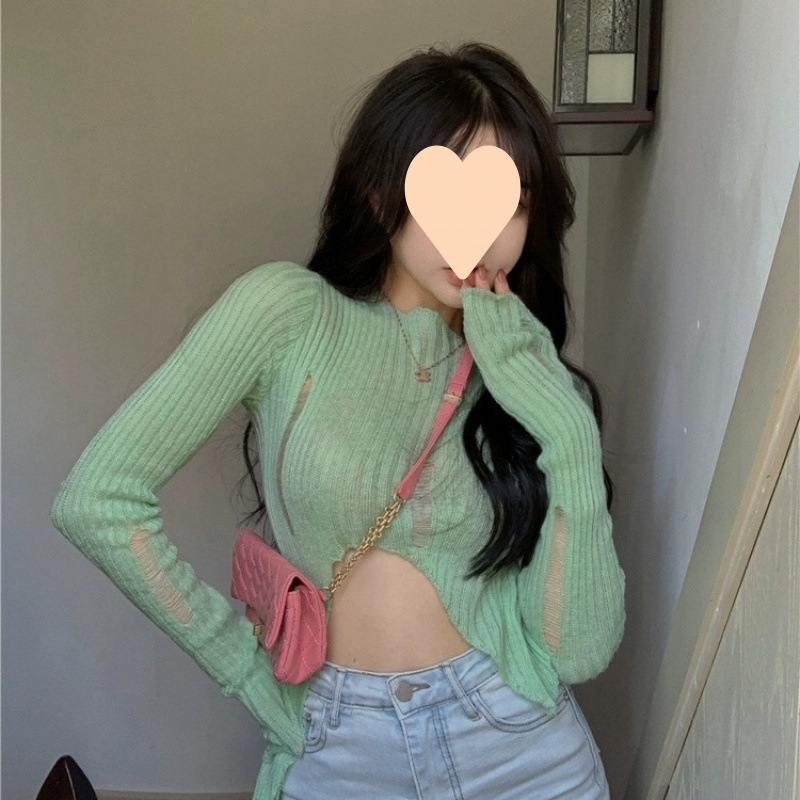 짧은 스페셜 탑 가을 새로운 슬림 핏 배꼽 노출 섹시한 틈새 얇은 긴팔 스웨터 여성 패션