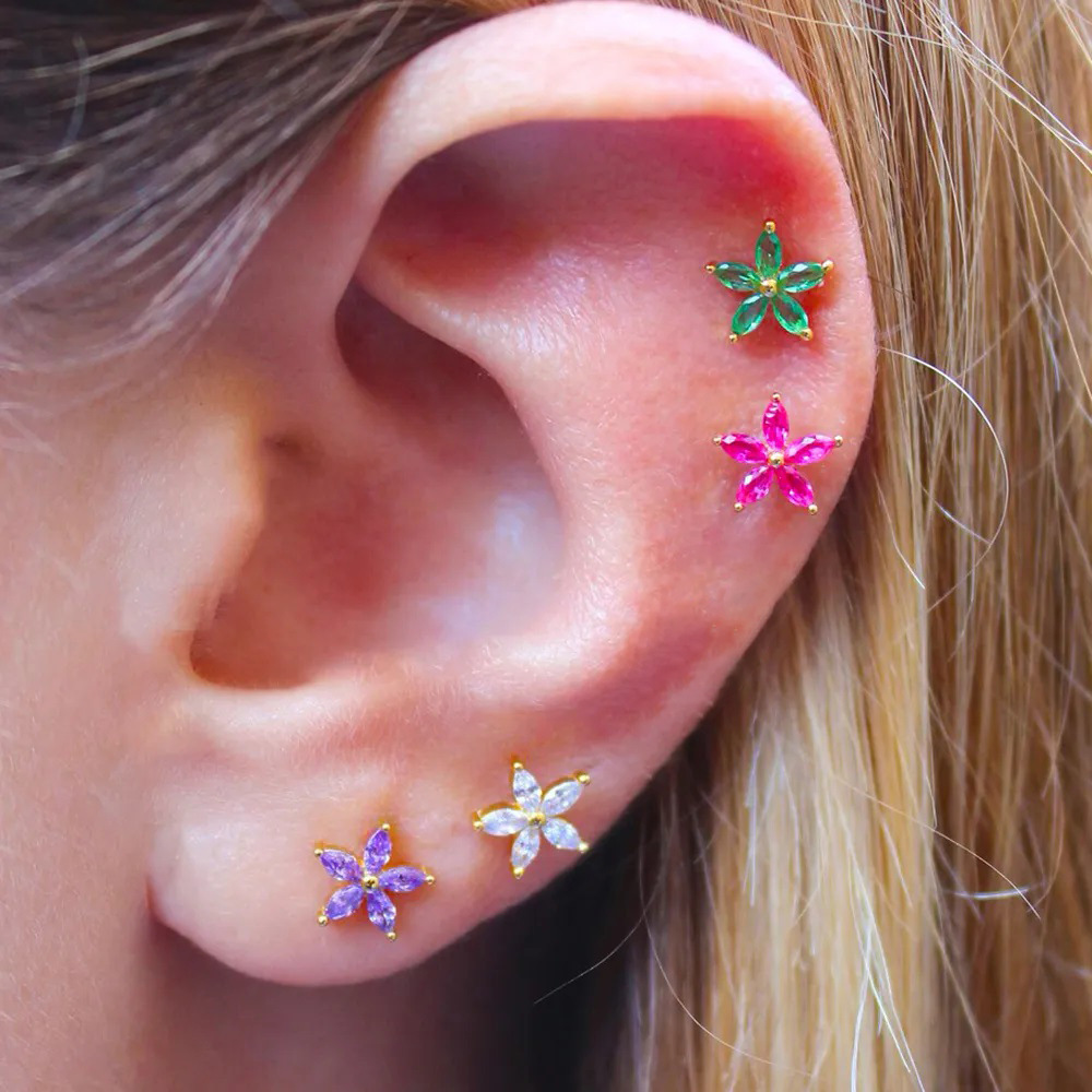 1 Piece Shiny Flower Plating Inlay Copper Zircon Ear Studs display picture 3