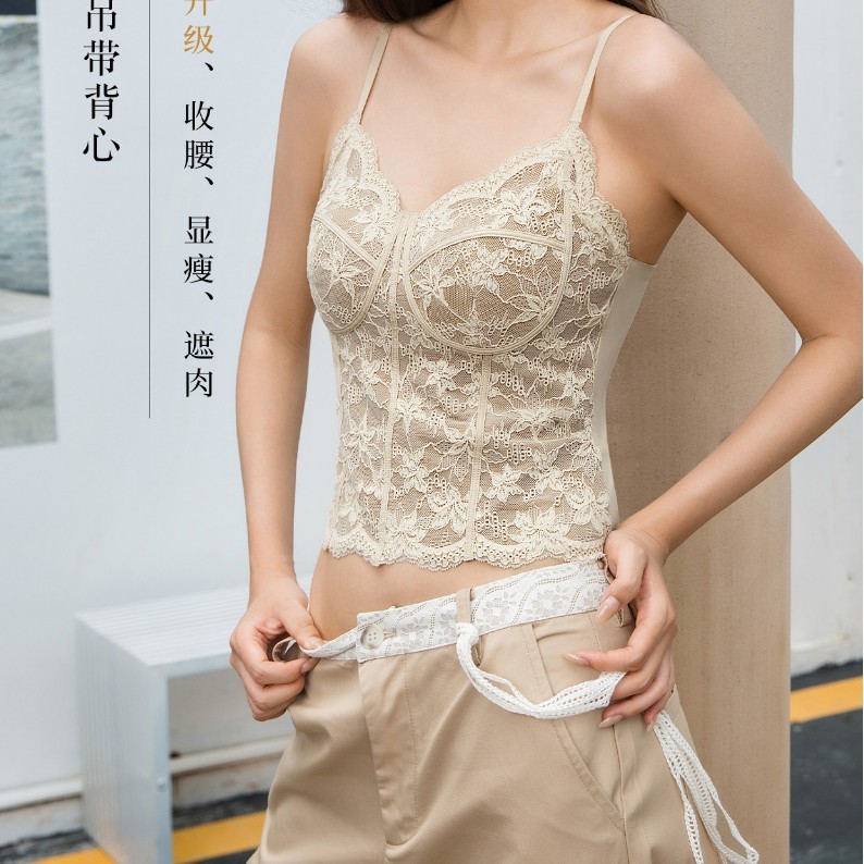 6100秋冬新款蕾丝花边吊带背心女一体式带胸垫上衣外穿内搭打底衫|undefined