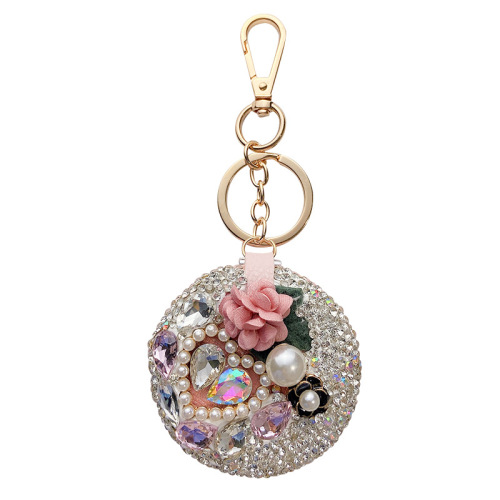 Creative Diamond Mountain Camellia Makeup Mirror Car Keychain Creative Round Small Mirror Bag Pendant Portable Touch-up