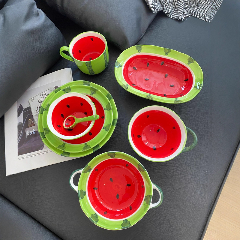 Japanese Tableware Fruit Watermelon Ceramic Dishes Set Home Cute Creative One-Person Rice Bowl Underglaze Color Plate