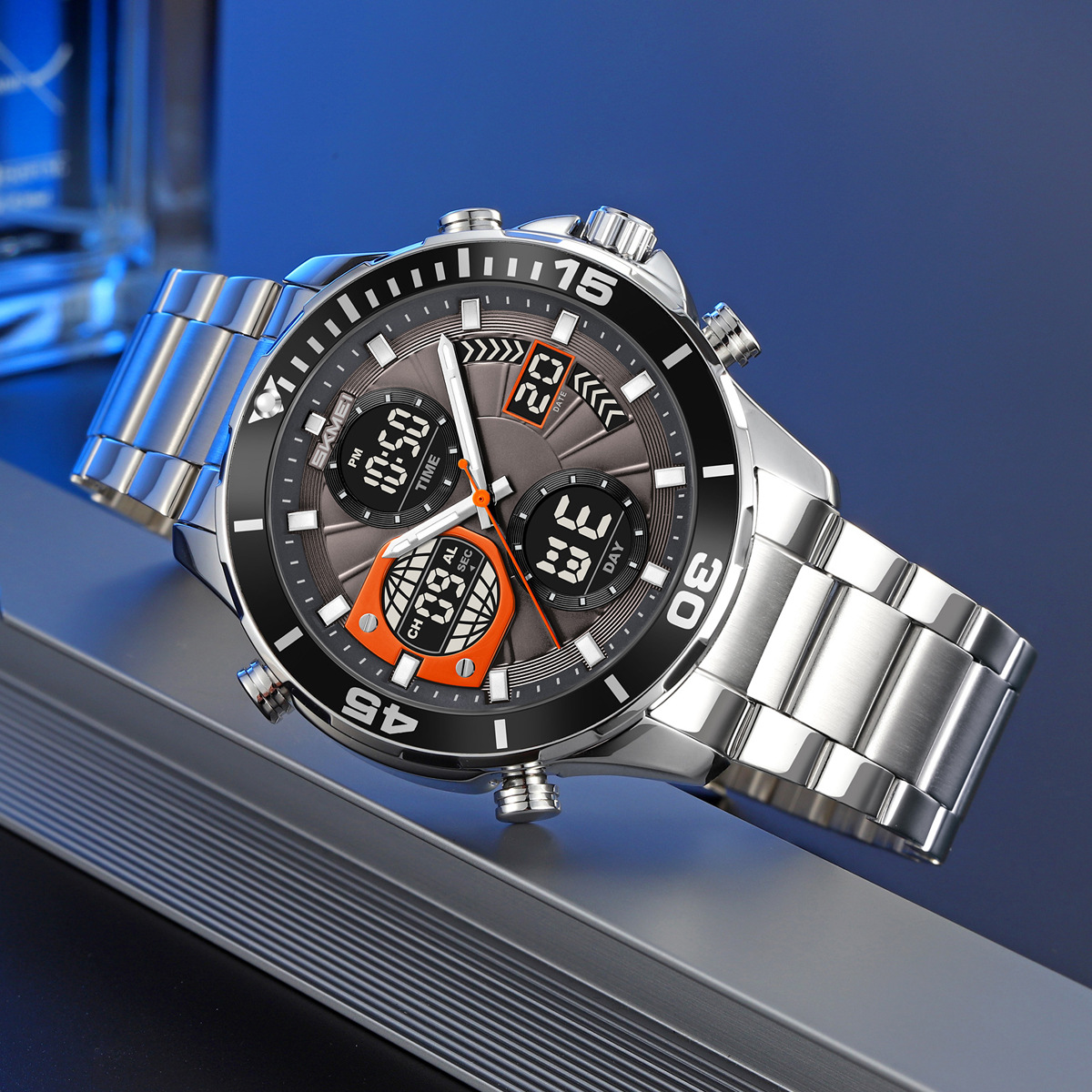Momento de belleza para hombres doble reloj 30 metros de acero impermeable reloj de pulsera de negocios reloj deportivo de luz nocturna multifuncional al por mayor