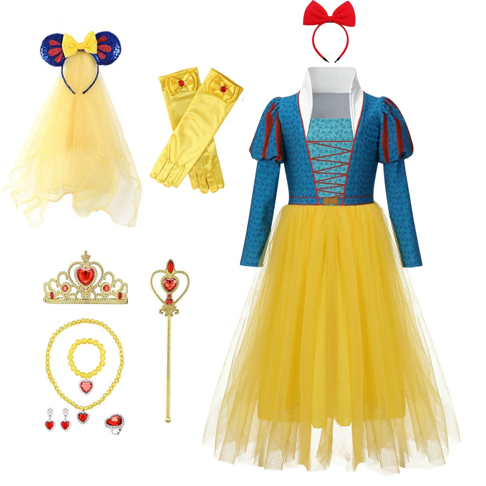 2025 Новое платье Белоснежки, кросс-бордерное платье для девочек, одежда с длинным рукавом, платье с принтом, юбка-пачка для девочек