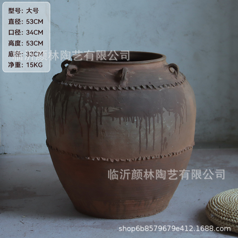 Pot de cerámica de tierra con gran estómago con orejas pot antiguo Lotus pot de suelo maceta de flores de cerámica gruesa adornos de decoración de habitaciones modelo de vivienda