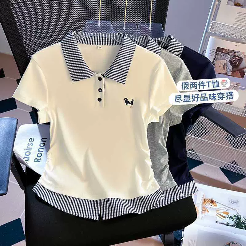 大码格纹拼接翻领短袖t恤女2025春夏新款宽松显瘦遮肉时尚上衣女