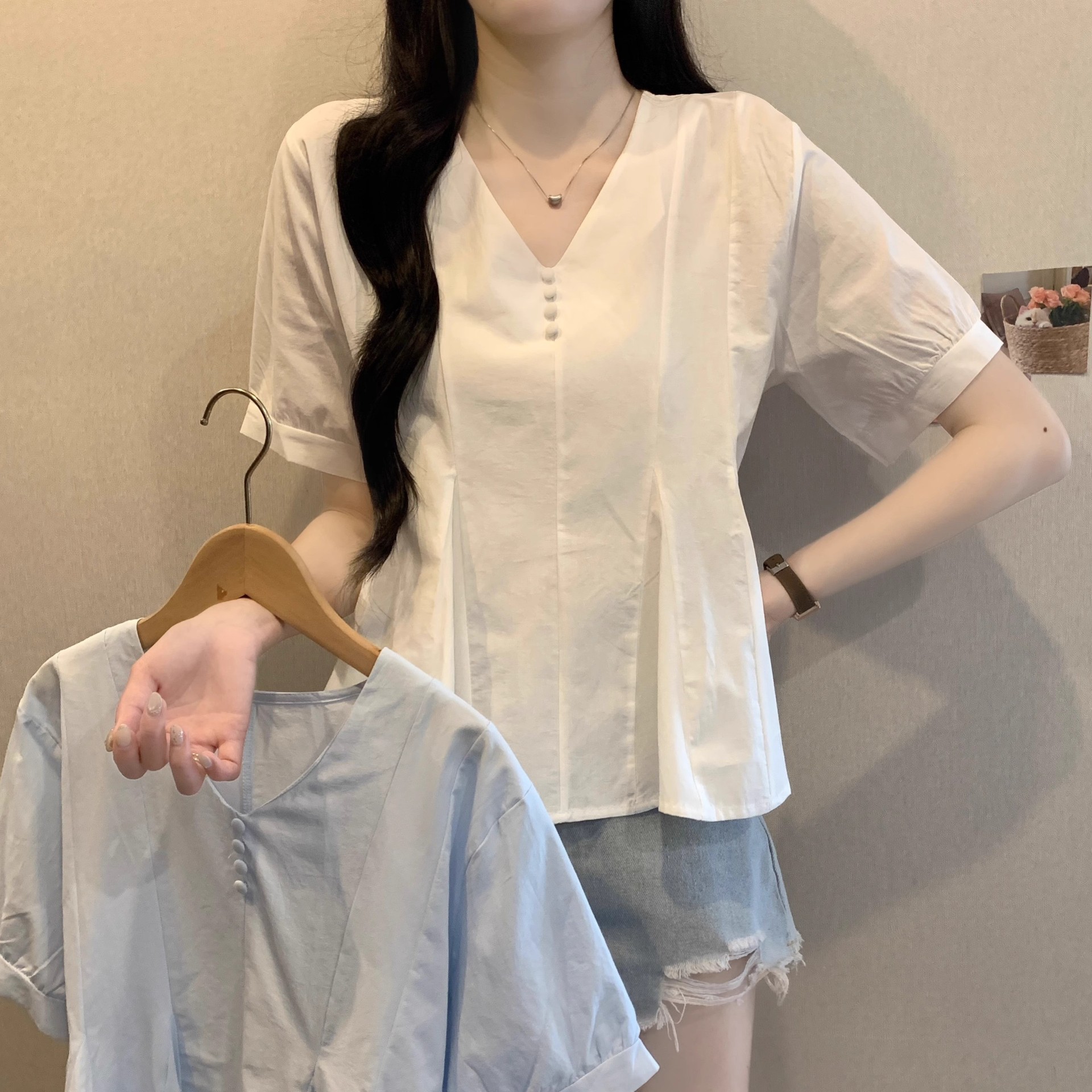 Áo sơ mi nữ cỡ lớn tay ngắn màu xanh lam dáng suông che khuyết điểm — Màu xanh lam chi tiết 3