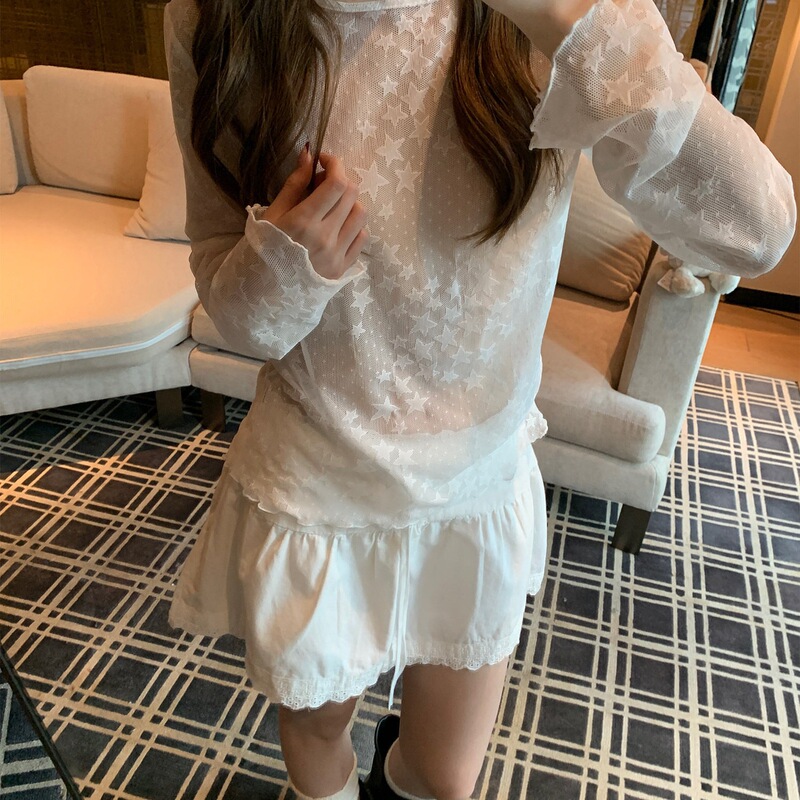 Japanese Style Sheer Star-Pattern Versatile Lace Long-Sleeve Lace Base Shirt for Women Early Spring Inner Wear Mesh T-Shirt Japanese Style Sheer Star-Pattern Versatile Lace Long-Sleeve Lace Base Shirt for Women Early Spring Inner Wear Mesh T-Shirt