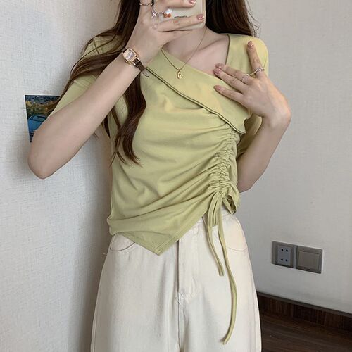 Sweet and Spicy Plus Size Women's Summer Square Shoulders Top with Irregular Design, Drawstring, Ab Covering, Slimming Short Sleeve T-Shirt for Larger Ladies