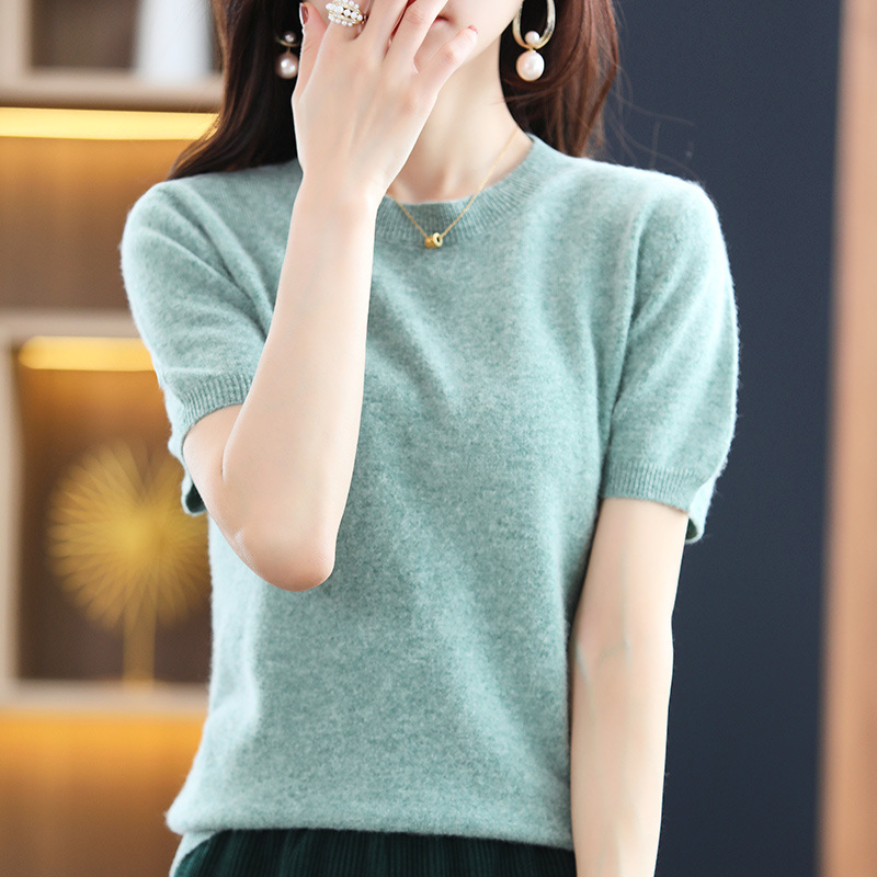 Spring and Autumn Round Neck Short-Sleeved Women's Woolen Knitwear Loose Short Bottoming Knitwear Half-Sleeved Knitwear Wool Knitwear Knitwear