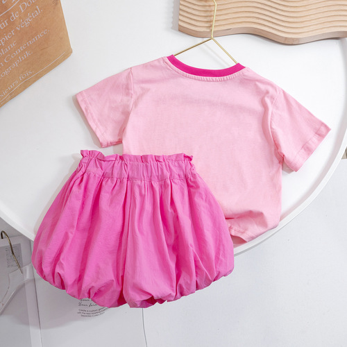 Baby girl summer suit  new style girls Korean printed short-sleeved T-shirt cute flower bud pants two-piece set trendy
