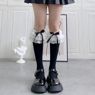 Lolita Lace Bow Mid-Calf Socks for Women, White Lace Knee-High Calf Socks, Japanese Style Jk Long Socks, Maid Style